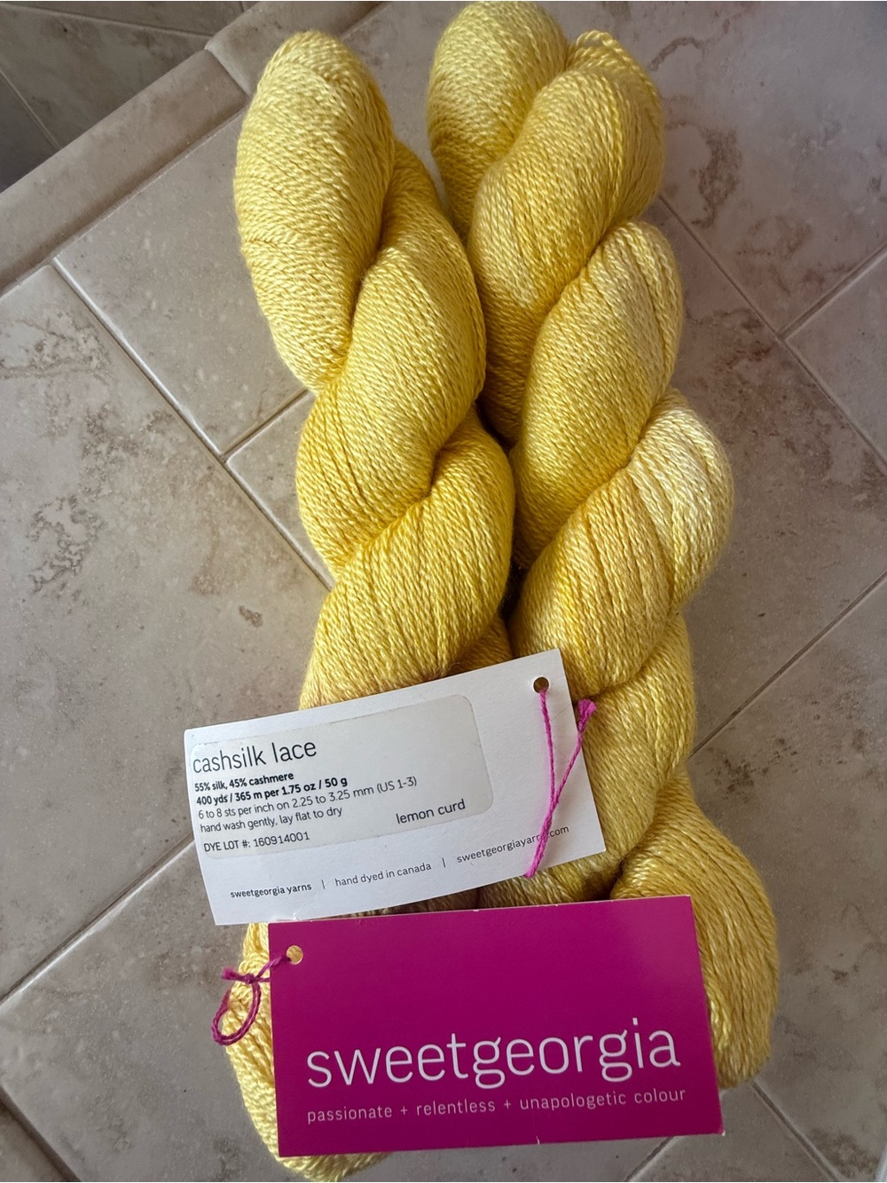 Sweet Georgia Cashsilk Lace Yarn in Lemon Curd Yellow 2 Hanks